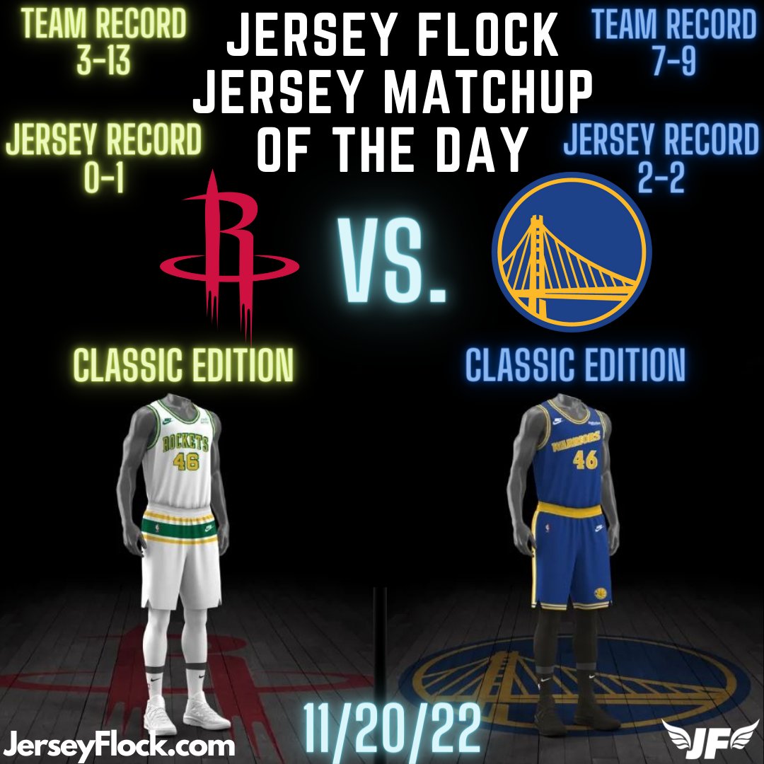 Today's @JerseyFlock Jersey Matchup of the Day! Both teams are turning back the clock and wearing their classic edition unis tonight 🔥 The Rockets jerseys represent the original green and gold San Diego Rockets, while the Warriors pay tribute to the 'Run TMC' era of the 90's.