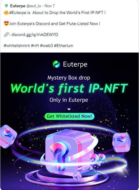 Nafwyd2_'s tweet photo. Bullish on this amazing project @eut_io

Euterpe, featured by Forbes and Financial Times, is opening their Whitelist for Mystery Boxes of Music IP NFTs.

To get whitelisted (10WL Spots)👇

1⃣Follow @eut_io
2⃣Like + RT + Tag 3 Frens 👇
3⃣Join Discord: https://t.co/yyCbhWtRMs

#ad https://t.co/eYbPRLvmmZ