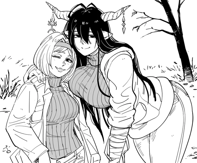 Patreon request:
Granblue Fantasy Djeeta and Danua (big) wearing autumn clothing.
When I become dictator of the world, I will mandate vertical ribs on all form-fitting female sweaters, so the contours of women's breasts can be clearly seen, even during the winter!! 