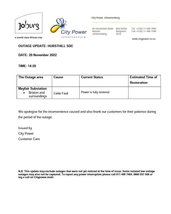 CityPowerJhb's tweet photo. #Hursthill 

#MayfairSub: Power is fully restored. ^NT https://t.co/xfywxFTNfe