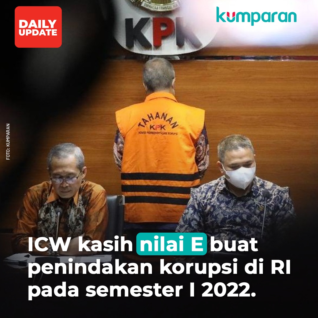 kumparan's tweet photo. Indonesia Corruption Watch (ICW) memberikan nilai E terkait penindakan kasus korupsi di Indonesia yang dilakukan oleh Kepolisian, Kejaksaan, dan KPK selama Semester I Tahun 2022. #dailyupdate #20nov22 #oneliner https://t.co/vGu7GI3ZAn https://t.co/rWEscJjgBe