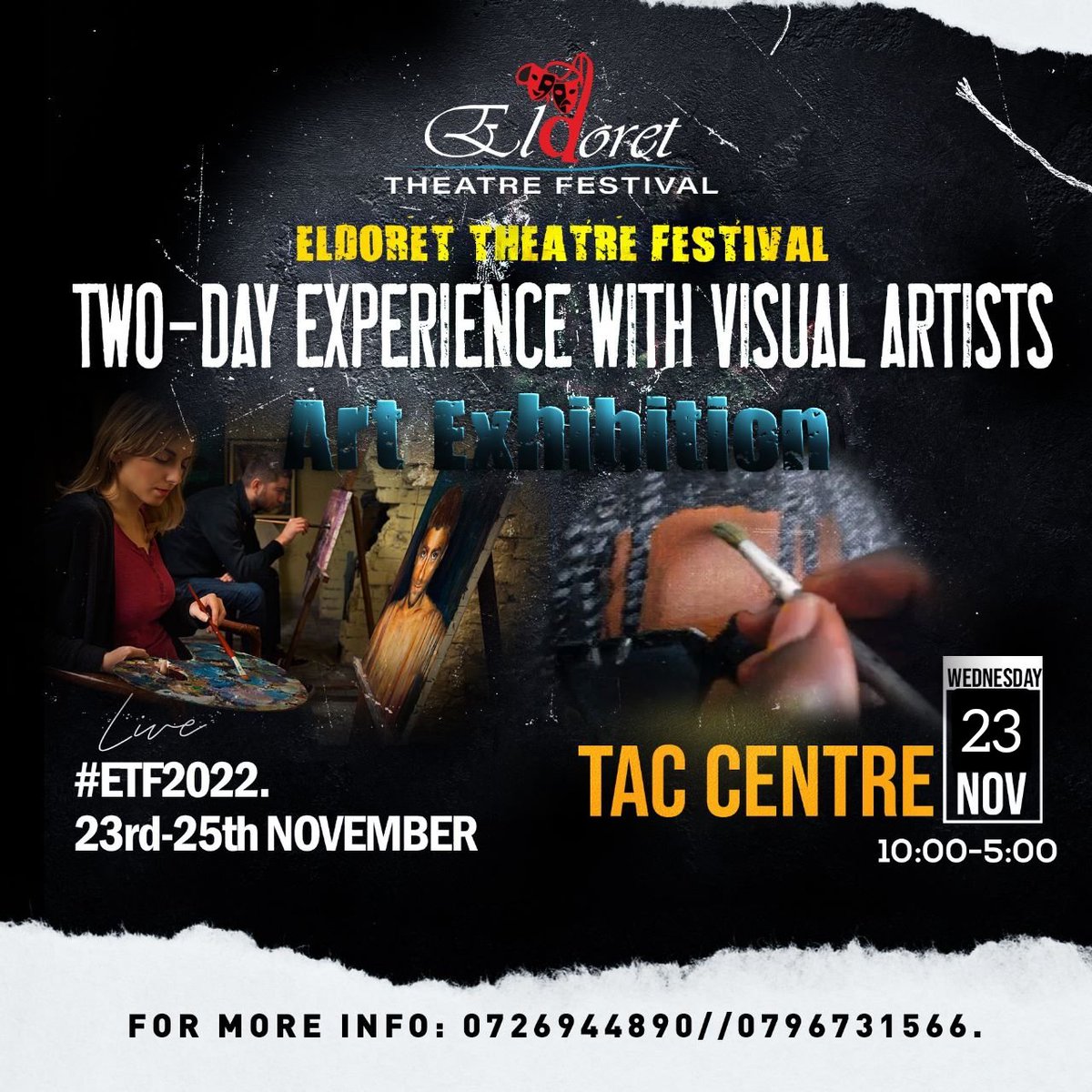 Eldoret_theatre's tweet photo. Part and Parcel of our Festival is a two day experience of Fine art from Our very own Visual Artists from Eldoret.
Our Festival will run from 23rd to 25th NOVEMBER.
#ETF2022.
#THEATRE.
#VISUAL_ARTISTS. https://t.co/m8x8zXdJLS