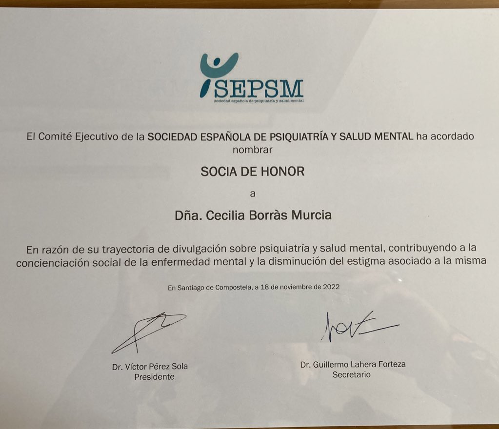 Mi profundo y sincero agradecimiento a la <a href="/SEPsiq/">SEPSM</a> por su reconocimiento como socia de honor. Seguiré con mi reto personal de seguir trabajando en contra del estigma hacia la persona que sufre dolor emocional. Mil gracias
