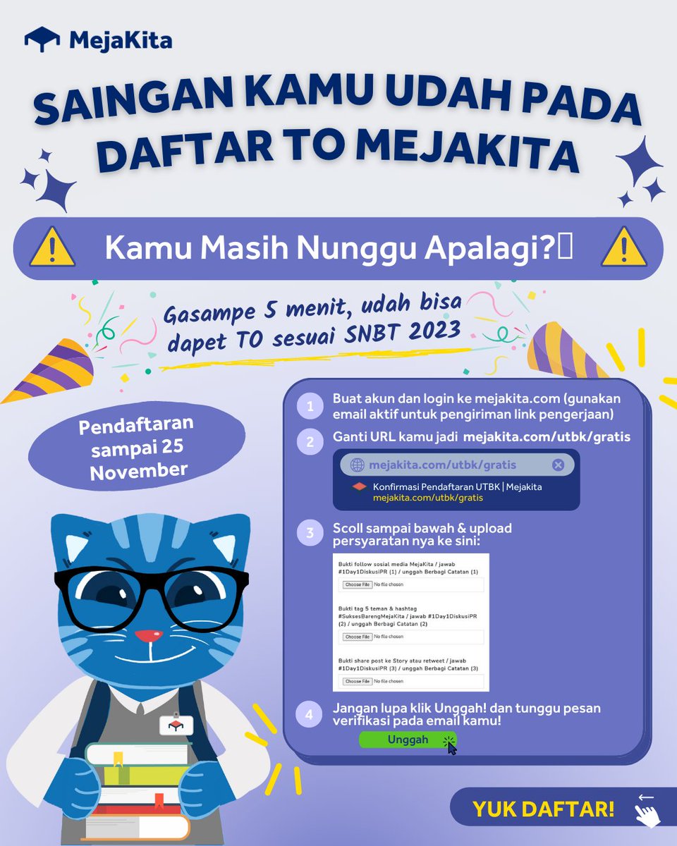 mejakita's tweet photo. 😽 Kalian Tunggu Apalagi Nih Buat Daftar TO MejaKita? 😽
Disaat kamu leha-leha, disitu sainganmu daftar TO Mejakita 😹
Gasampe 5 menit, kamu dijamin udah bisa dapet TO sesuai SNBT 2023! 😝
Langsung satset yuk! Cuma sampai 25 November ya! Buruan daftar! 😻💻
#TOUTBK #SNBT2023 https://t.co/EzIQxuvpgK