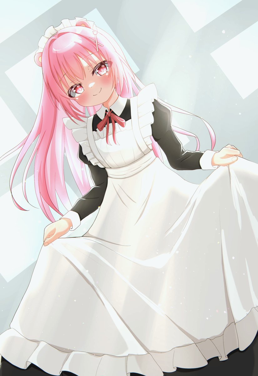 1girl maid pink hair solo animal ears smile apron  illustration images