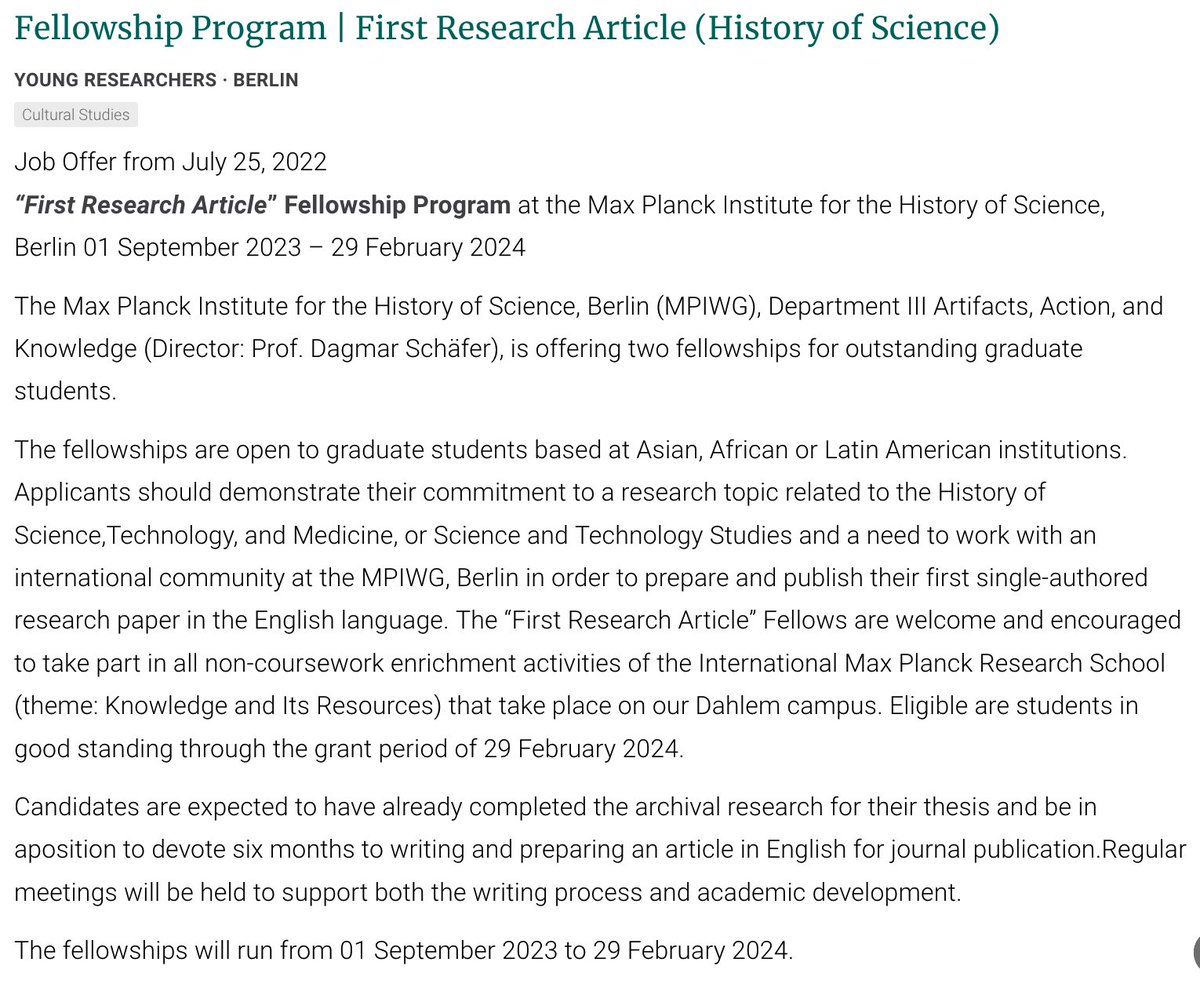 Please spread the word to PhD students based in Asian, African, Latin American institutions and work on History of Science topics. Fellowship applicatiosn are due on or before 15 February 2023 (23:45 CET) #histsci #sts #histmed mpg.de/19003393/fello…