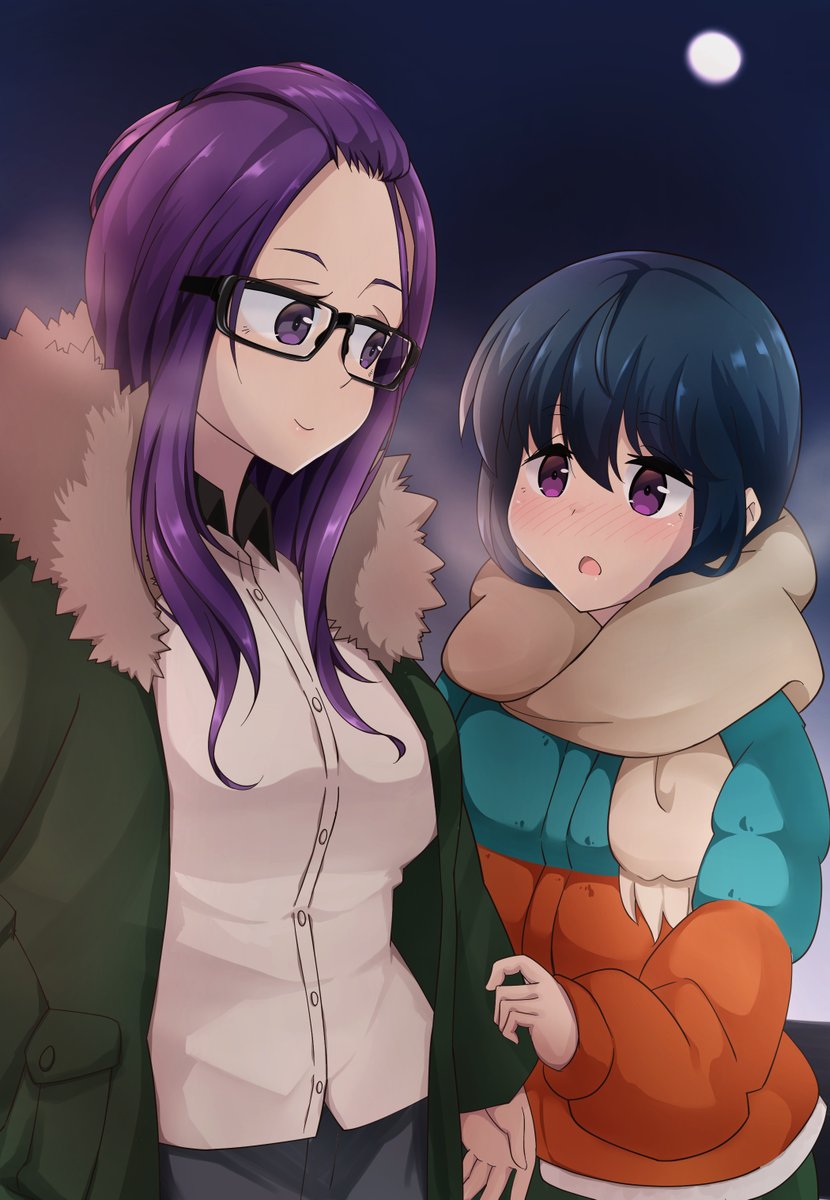 shima rin multiple girls 2girls purple eyes blue hair glasses purple hair yuri  illustration images