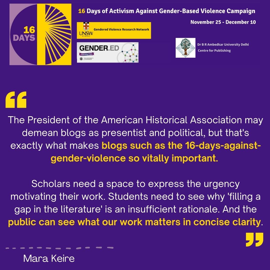 UoE_GENDER_ED's tweet photo. In preparation for #16DaysBlogathon 2022, check out last year's #16daysofActivism contributor @MaraKeire and why she thinks blogs against #GenderBasedViolence are important. Mara's piece on researching rape in 20th century US can be found here - https://t.co/pEpBBcmVVW https://t.co/RDCzTn0Jsg