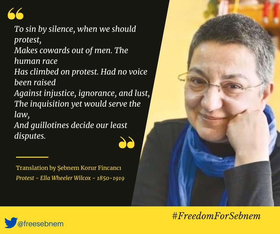freesebnem's tweet photo. From Şebnem Korur Fincancı’s article in 2017.
👇
"To sin by silence, when we should protest,
Makes cowards out of men. The human race
Has climbed on protest. 
... "
🔗https://t.co/pRw645r7wN

📌 #FreeSebnem
📌 #FreedomForSebnem 
📌 #SebnemHocayaÖzgürlük https://t.co/h1Bt2mbnqp