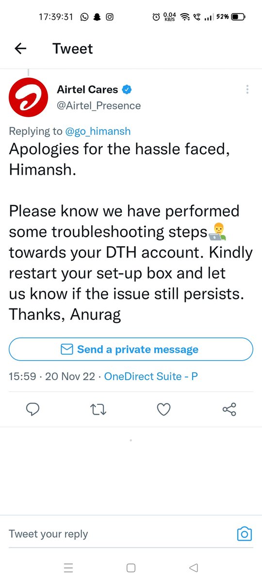 go_himansh's tweet photo. @Airtel_Presence Thank you Anurag! for ur helpful advice. I think you've not read my issue in the photos properly. If faulty device would have repaired just by troubleshooting,then all the companies should be locked.That's the same thing my service provider does.
 #airtelcares @Airtel_Presence https://t.co/kbrfO0cJVx