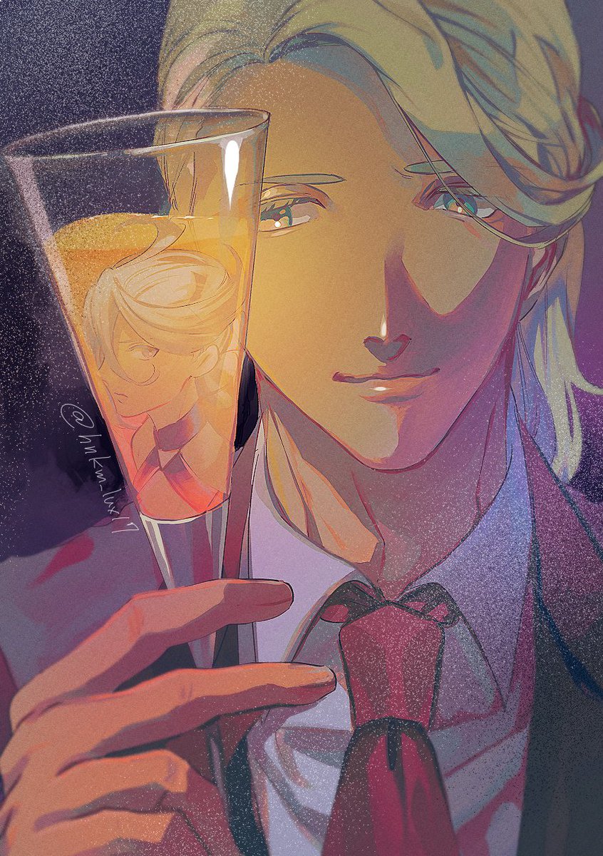 1boy male focus necktie cup drinking glass blonde hair shirt  illustration images