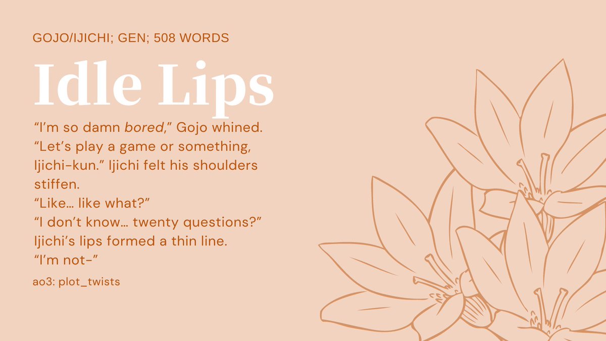 spicyplotting's tweet photo. For #jjkrarepairweek, I am doing both SFW &amp; NSFW fics!
Today's prompt: First Times
SFW: #gojichi (https://t.co/DCxc6FLTuQ)
NSFW: #haigeto (https://t.co/941BJyj8Yh) https://t.co/7JfgcfsS6V