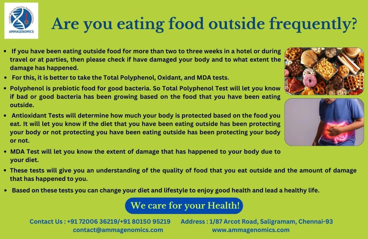 AmmagenL's tweet image. Are you eating food outside frequently?
Come test with AMMAGENOMICS to know the quality of food that your family consumes. Contact us at +91 72006 36219 / +91 80150 95219
#outsidefood #polyphenol #oxidant #MDA #restaurant #foodstagram #prebioticfood #dinner #badbacteria