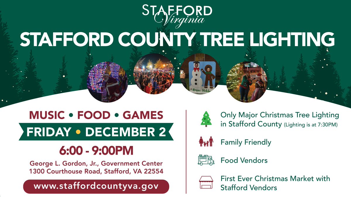 Looking to kick off the holiday season in a festive and fun way? Stafford County's Tree Lighting Ceremony on Friday, Dec. 2, from 6 - 9 pm is just the thing to get you in the mood to bake, wrap, sing carols, and decorate the tree. Tree Lighting takes place at 7:30 pm sharp.
