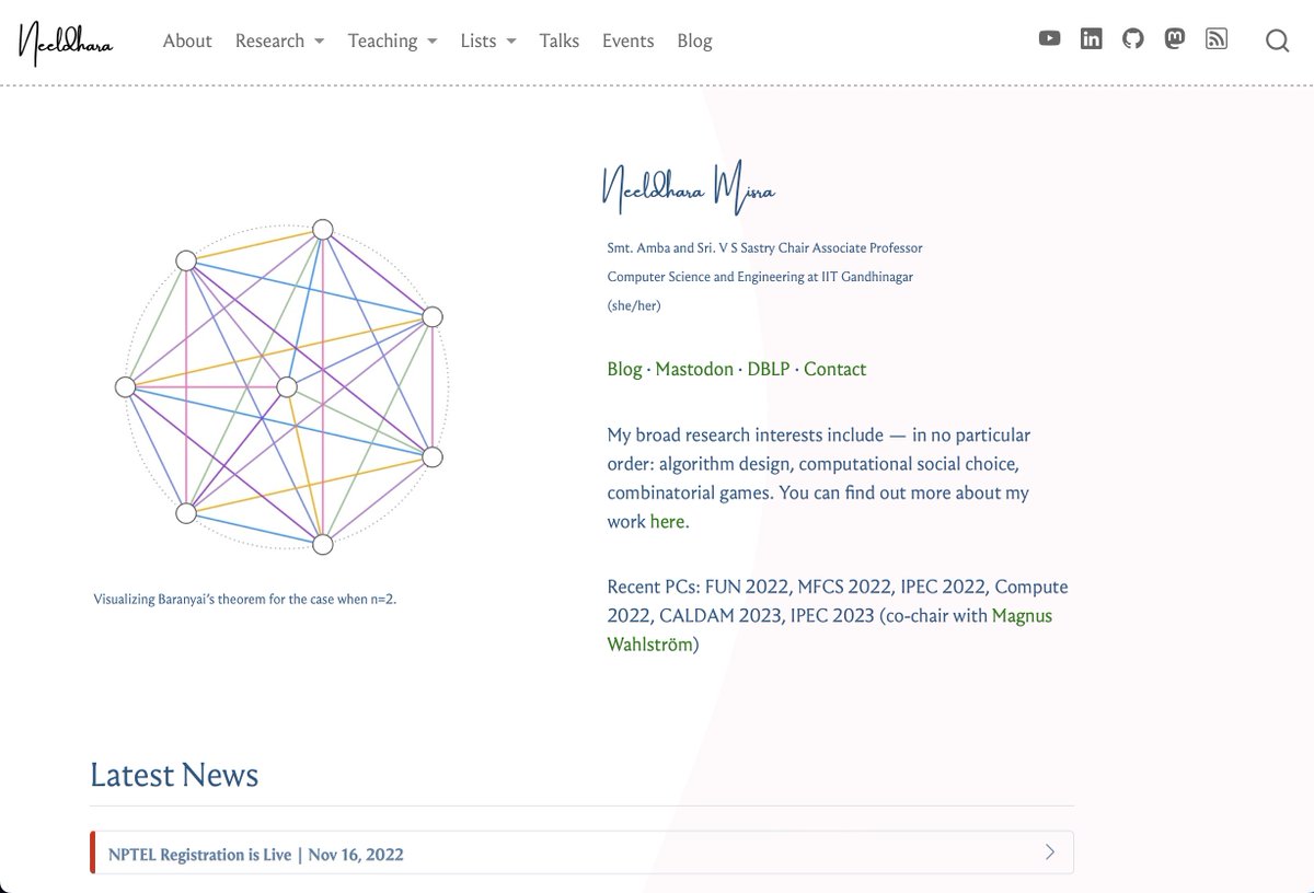 neeldhara's tweet image. For my 2^12-th tweet, for better or worse, I finally updated my website!
neeldhara.com
Source: github.com/neeldhara/quarโฆ (messy, sorry!)
There's lots and lots of "Coming Soon!"s and I should have probably tested before "pushing to production", but well, it's up ๐