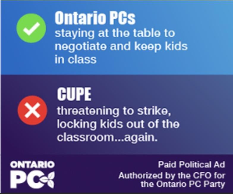 tylerwatt's tweet photo. The Ford government is spending money on an obscene amount of ads like this trying to paint @CUPEOntario as villains. It feels like they’re focused on PR and have no interest in actually reaching a deal to keep students in class. #onpoli #onted #IStandWithCUPE https://t.co/Y062HR0sQy