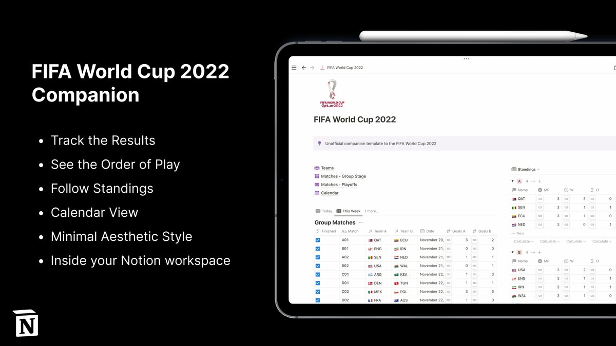 2022 FIFA World Cup starts Today!🎉

To celebrate I created a FREE <a href="/NotionHQ/">Notion</a> companion template.

With the template you can

- track the games
- see standings
- see order of play
- group stages
- playoffs

Grab the FREE template by RT, comment or like on this tweet! ⚽