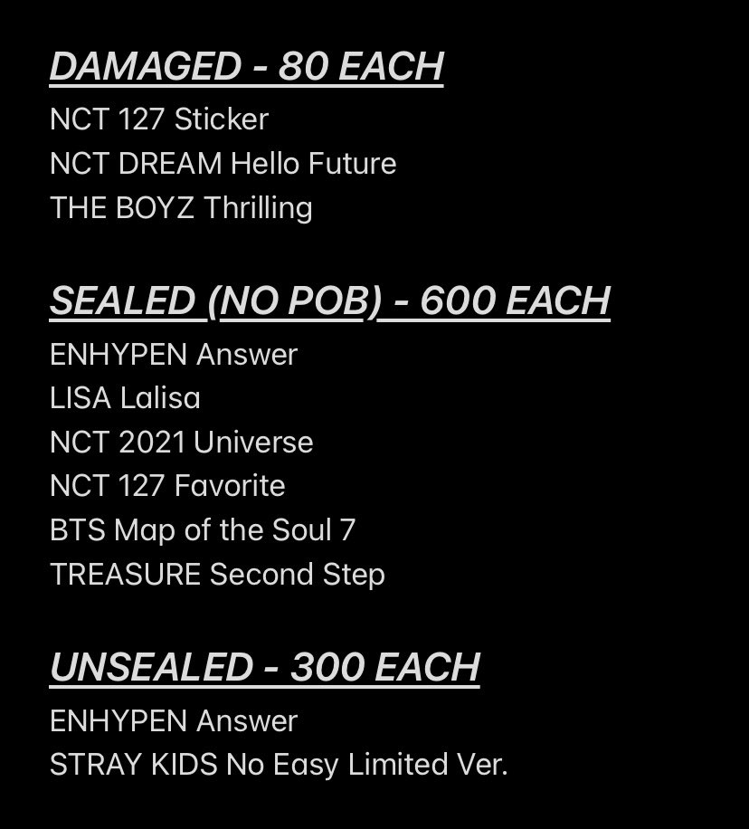 ‼️ SALE ‼️

Sealed, Unsealed, and Damaged albums! Onhand!😁 

WTS | LFB | ONHAND | PH | SALE | LISA | BTS | NCT | ENHYPEN | THE BOYZ | TREASURE | STRAY KIDS