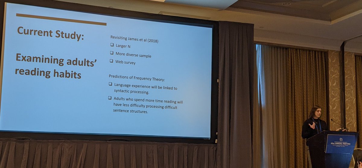 lkfazio's tweet photo. Ansley Potter &amp; @duane_g_watson examined how people's reading habits shape their understanding of language and complex syntax. People who spend more time reading showed a smaller difference between time to read complex and simple syntax. #psynom22 https://t.co/1dKGeyGY9d
