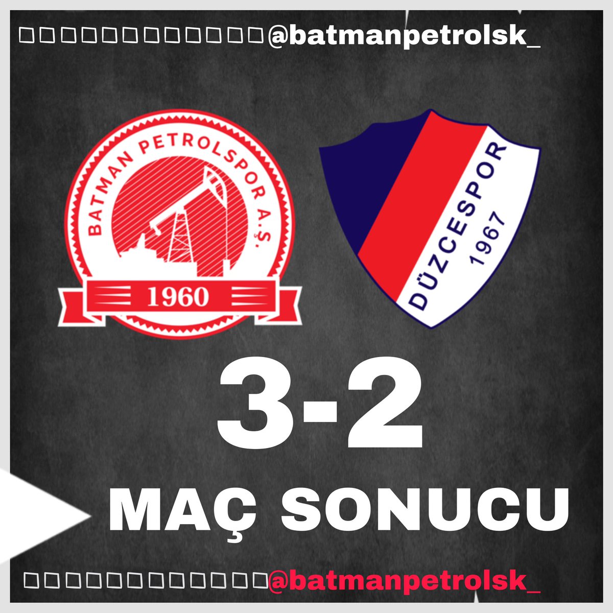MAÇ SONUCU:

BATMAN PETROLSPOR'umuz 3-2 Düzcespor 

Son derece önemli bir galibiyete imza atan Takımımızı tebrik ederiz. Maçın geniş analizini daha sonra sizlerle paylaşacağız.