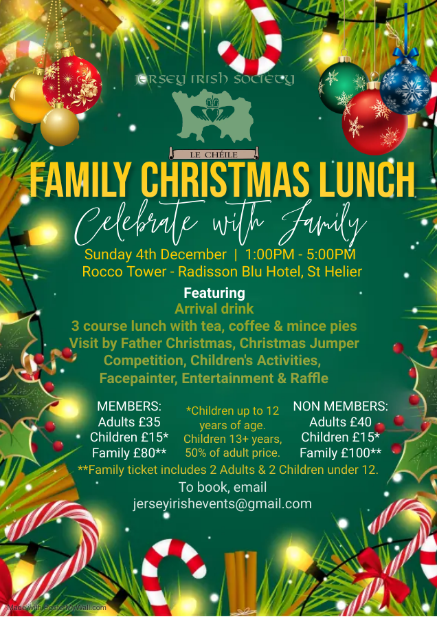 JerseyIrishSoc's tweet photo. Only two weeks to go, have you got your seats reserved to the Jersey Irish Society Family Christmas party ! 💚🎄🎅 https://t.co/qFWaNz9HE8