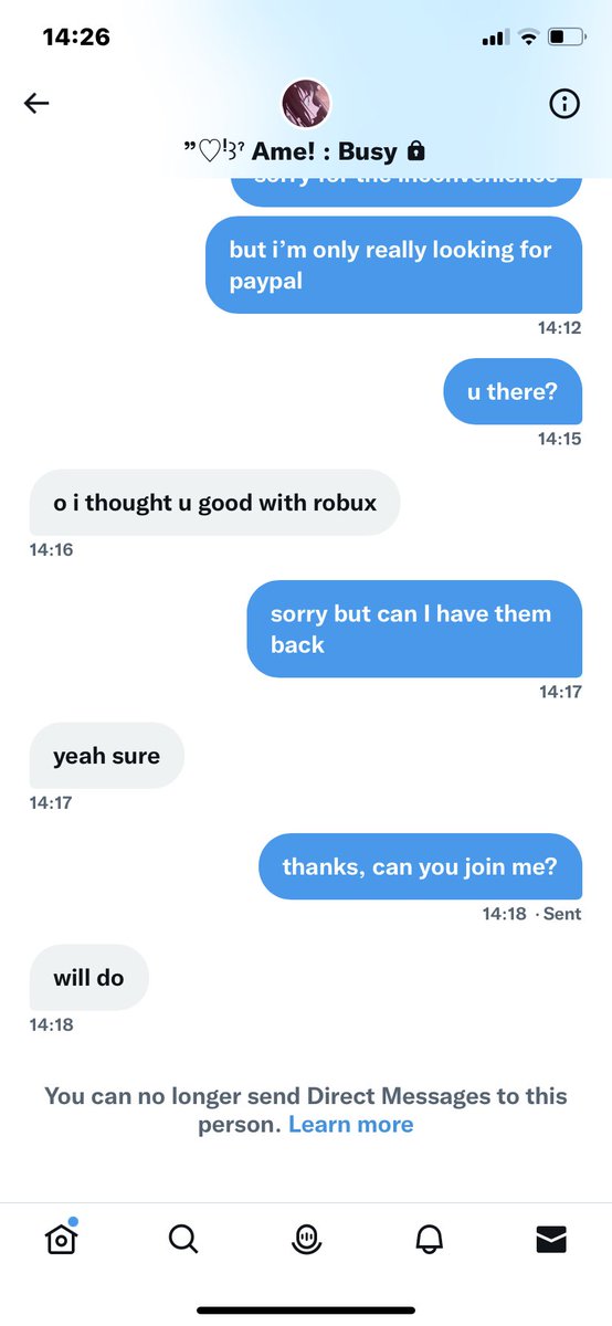 ChloeHateYou's tweet image. @cutieeame is a scammer.
I was trading my halos for pay pal because I needed to help my mother who is a really hard worker and we are currently in a hard situation, and they KNEW but decided to scam me. 😭😭😭
#scammer #royalehightrades #royalehightrading