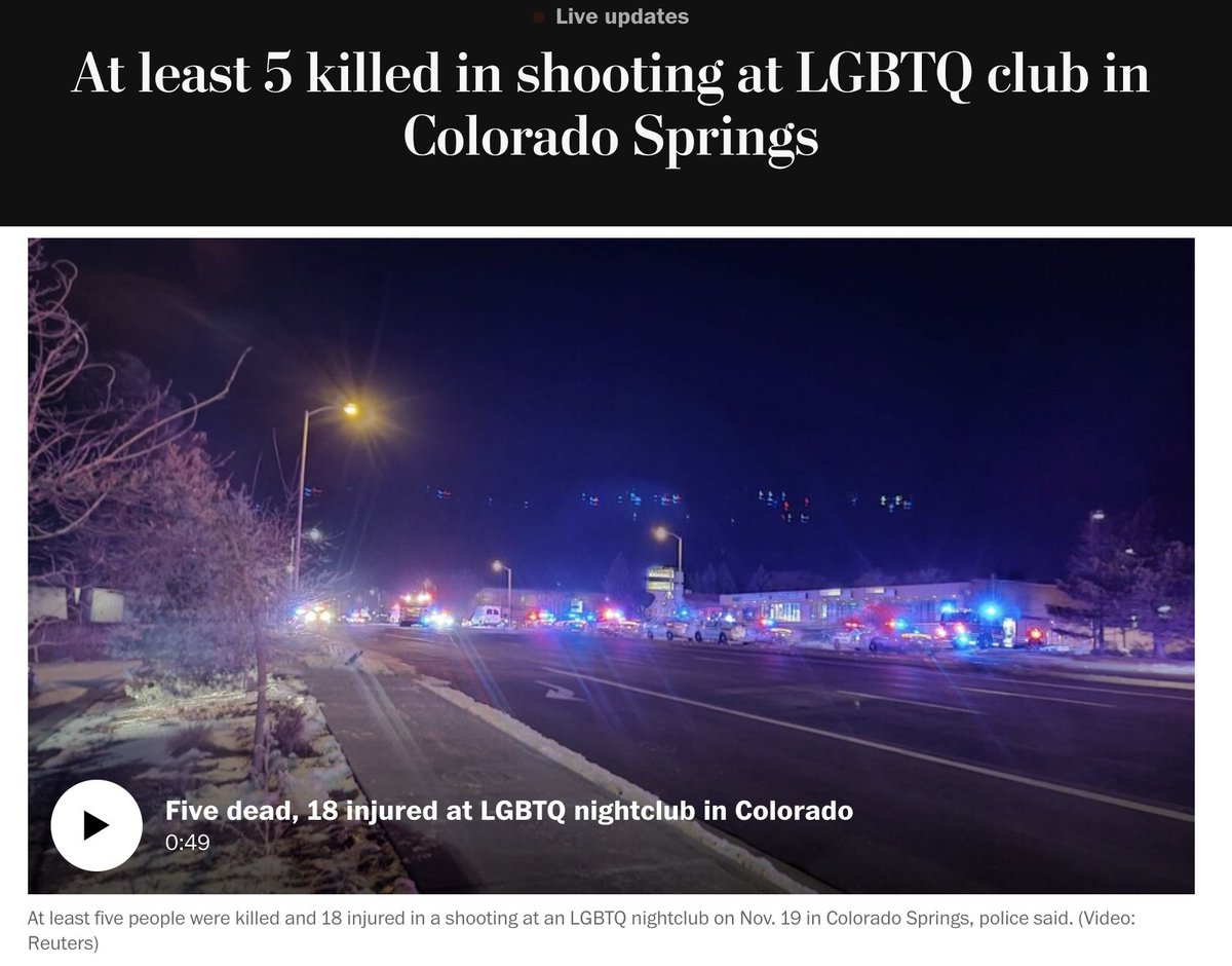 Stochastic terror becomes real terror. Those dead in the LGBTQ+ bar Club Q only died hours ago. They were to have a drag brunch today. Libs of TikTok is attacking another drag brunch in Colorado and a trans legislator only hours later. Elon Musk let them stay on the platform.
