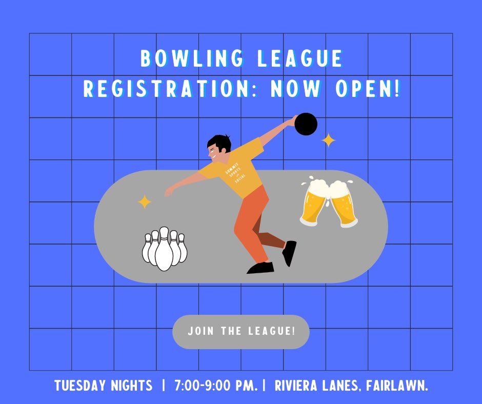 Bowling League 🚀 NOW LIVE!

📆 - Every Tuesday, Starts January 10

⏰ - 7:00-9:00pm

📍- Riviera Lanes, Fairlawn

👟 - Shoes &amp; Ball Included

🍻 - $3 Beer &amp; Wine (League Exclusive)

📋 - Teams of 5, Individual Registration Available

💵 - $80/Bowler

summitsports.social/join-a-league/…
