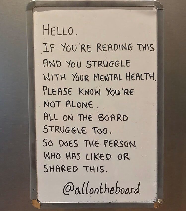 Hello. 
As lonely as it feels when you’re struggling with your Mental Health, please know you’re not alone. <a href="/allontheboard/">All On The Board</a> 

#MentalHealth #YoureNotAlone