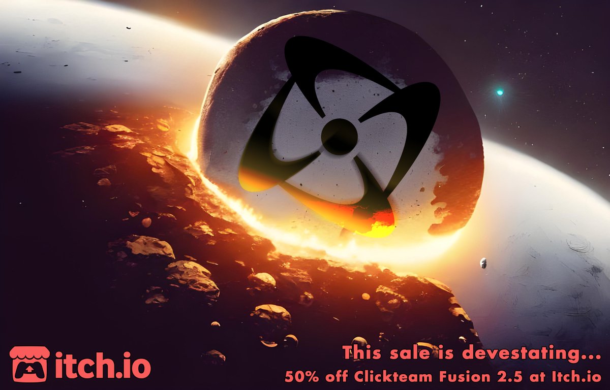Clickteam's tweet photo. This sale is devastating! 50% off Clickteam Fusion 2.5 on #itchio for a limited time. 

https://t.co/vdW5yZ6f0j

#MadeWithFusion #Indiedev #IndieGameDev #Cf25 https://t.co/WfP915tZNk