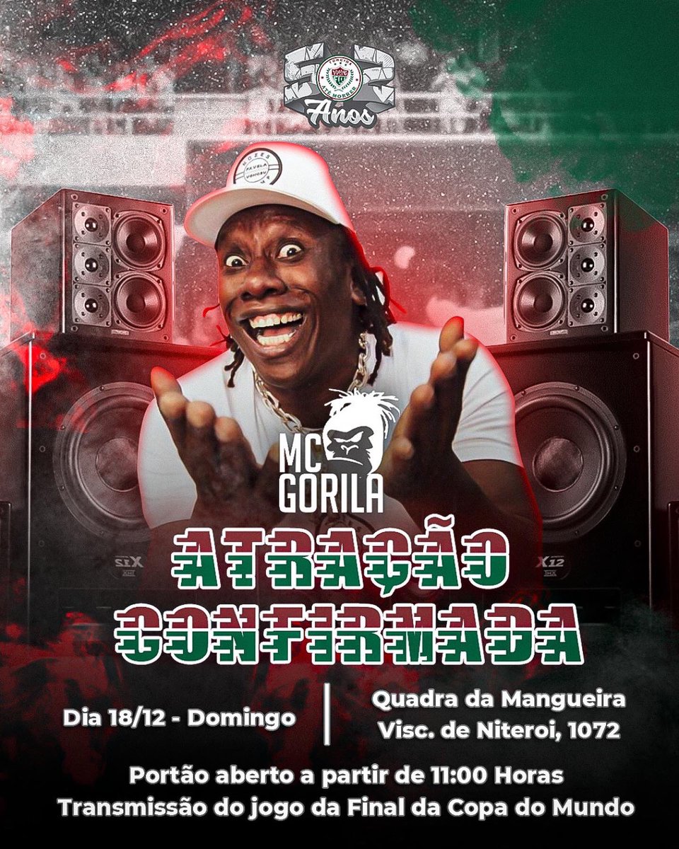 youngfluoficial's tweet photo. 🚨MAIS UMA ATRAÇÃO PRA FESTA: MC GORILA! 😁

⚠️GARANTA SEU INGRESSO NAS LOJAS SOUTH OU NO SITE GUICHÊ WEB: 

📲 https://t.co/AzMvt4HS84

🎶ATRAÇÕES JÁ CONFIRMADAS: 

- Grupo Swing &amp; Simpatia;
- DJ Zigão;
- MC Gorila 

🇧🇷 Transmissão da final da Copa no telão

#YoungFlu52Anos https://t.co/SJeO4sZILr