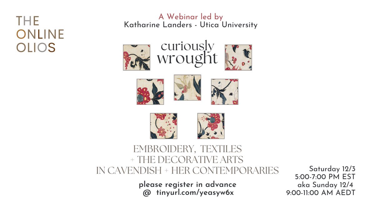 We are back! Join The Online Olios for the first in this year's series of intriguing webinars. 12/3/22
#Olios2023_wtf <a href="/print_be_little/">Sophia Richardson</a> <a href="/olivbransc/">olivia branscum-lee</a> @DigiCavendish <a href="/JamesFitzmauri1/">James Fitzmaurice</a> <a href="/medrenliza/">Liza Blake</a> @_KatieLanders @MarinaALeslie <a href="/RSAorg/">The Renaissance Society of America</a> <a href="/MLAgrads/">MLAgrads</a> @S_moores <a href="/LaraDodds/">Lara Dodds</a> <a href="/paul_salzman/">Paul Salzman</a>