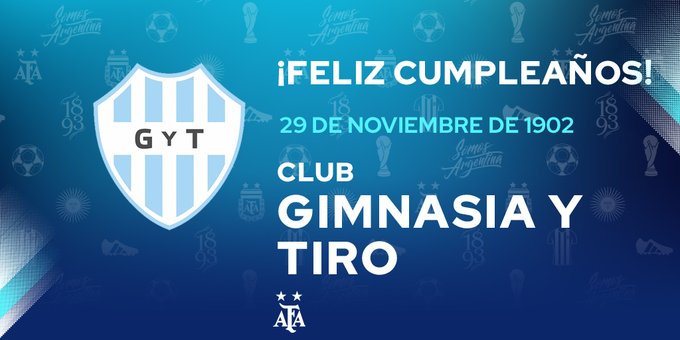 AFA (@afa) on Twitter photo #FelizCumple La Asociación del Fútbol Argentino saluda a Gimnasia y Tiro (<a href="/gytoficial/">Club Gimnasia y Tiro</a>) en un nuevo aniversario de su fundación. ¡Felicidades! 🎉🎊 #FelizCumple La Asociación del Fútbol Argentino saluda a Gimnasia y Tiro (<a href="/gytoficial/">Club Gimnasia y Tiro</a>) en un nuevo aniversario de su fundación. ¡Felicidades! 🎉🎊