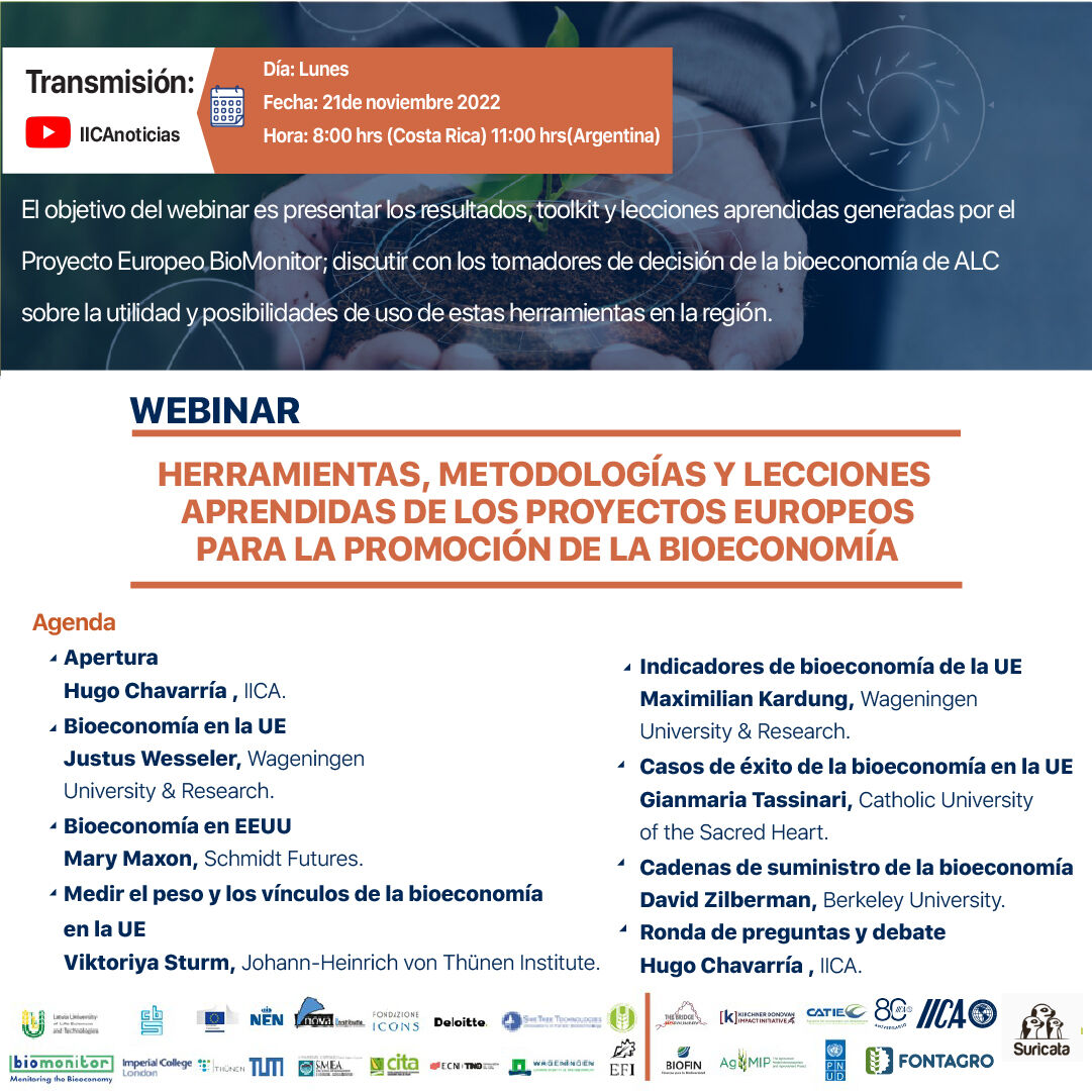 Mañana nos uniremos al <a href="/IICAnoticias/">IICA</a> en el #Webinar sobre Proyecto Biomonitor a las 9 am Panamá. El equipo presentará los resultados y lecciones aprendidas generadas por el Proyecto Europeo BioMonitor junto a tomadores de decisión de la bioeconomía 
📺👉🖱 bit.ly/3UVo478