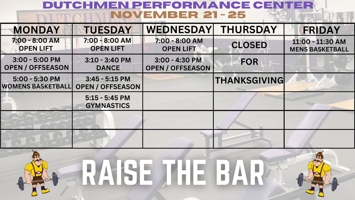 Dutchmen athletes, take a peek at this week's schedule. Also, a reminder to our offseason athletes to check in with Coach Taffe sometime this week to gain access to our offseason training program. #RaiseTheBar