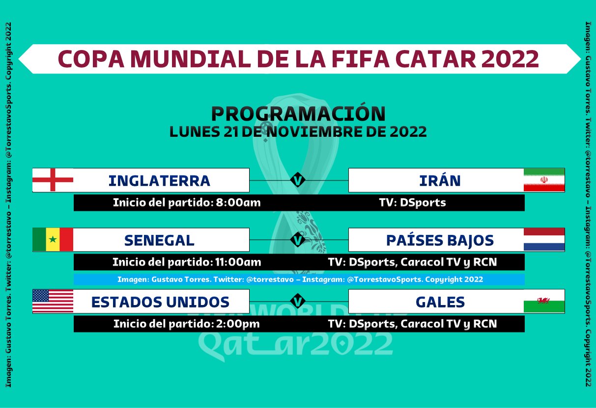 Gustavo Torres Twitter: "#FIFAWorldCup #Qatar2022 ¡Inició el mundial! Y ya la actividad no para. Mañana lunes estos los partidos con horarios y canales que cada juego en Colombia.