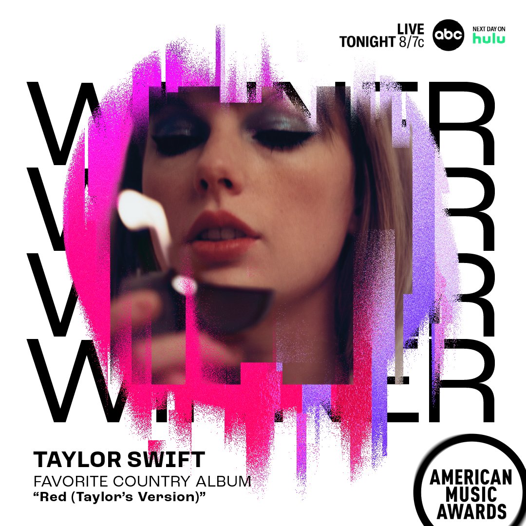 AMAs's tweet photo. .@taylorswift13 takes home the #AMAs Favorite Country Album for "Red (Taylor's Version)" ❤️ https://t.co/qoCoY8R8Tp