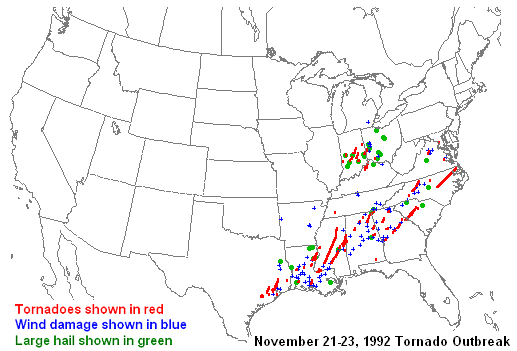 1992, November 21st 23rd tornado outbreak was the 3rd largest outbreak in recorded history and one of the longest continuous outbreaks ever recorded. This outbreak produced 94 tornadoes and was responsible for 26 deaths and 641 injuries.