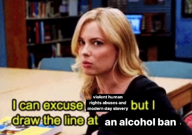 myeshachou's tweet photo. ppl complaining abt not being able to drink inside of a stadium built on the blood of migrant workers https://t.co/AcEWsOj2Wi