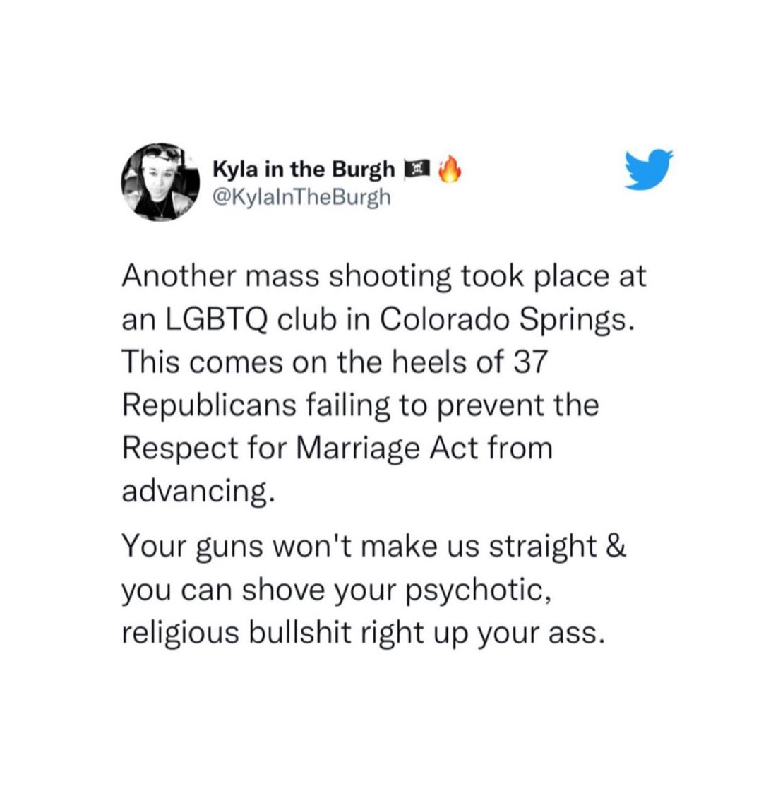 SophiaBush's tweet photo. A bomb thrown into an #Oklahoma bakery last week after a Drag event. A mass shooting at an #LGTBQ club in #Colorado last night killed 5 and injured 18. The @gop has been courting violence against queer communities. Their words matter. Their rhetoric is getting people killed. 💔 https://t.co/jQlu6nO4or