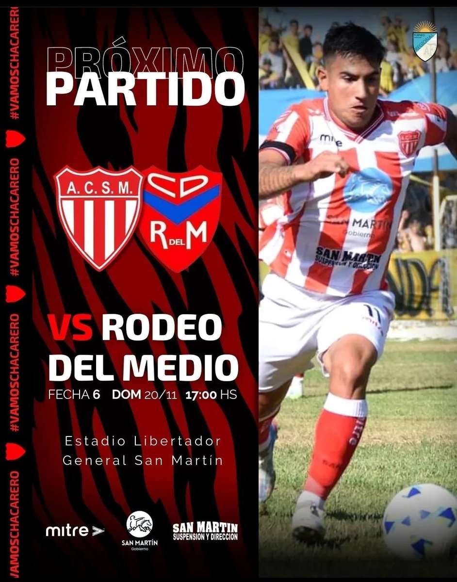 🏆 TORNEO REGIONAL // FECHA 6
San Martín 🔴⚪🔴 VS Rodeo del Medio 🔴🔵🔴
🗓️ Domingo 20/11
⏱️ 17 hs
🏟️ Estadio Libertador General San Martín 
#VamosChacarero
