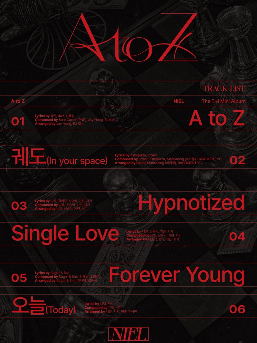 NIEL_ELNDENT's tweet photo. 니엘 NIEL The 3rd Mini Album【A to Z】

TRACK LIST

Release Date 
➫ 2022. 11. 28 12PM(KST)

#니엘 #NIEL #AtoZ https://t.co/JueX4R0mz6