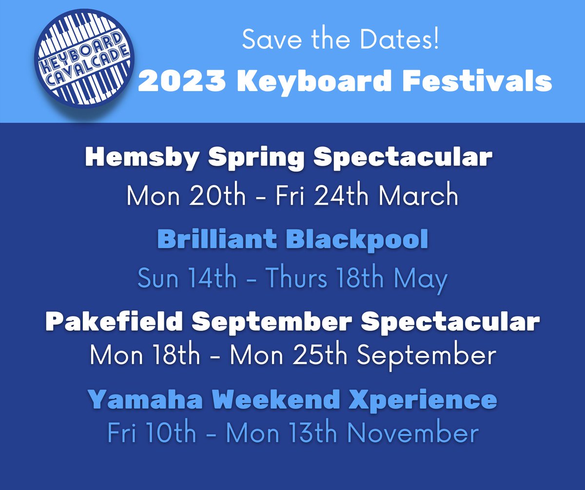 🗓 SAVE THE DATES! 🗓
We are really excited about our lineup of #Keyboard #Festivals for 2023. Each festival is a #musical getaway you'll never forget and don't want to miss! 

Which festivals are you going to book? 
cavalcadeproductions.co.uk/okcfestivals.h…

@YamahaMusicEU @KorgUK