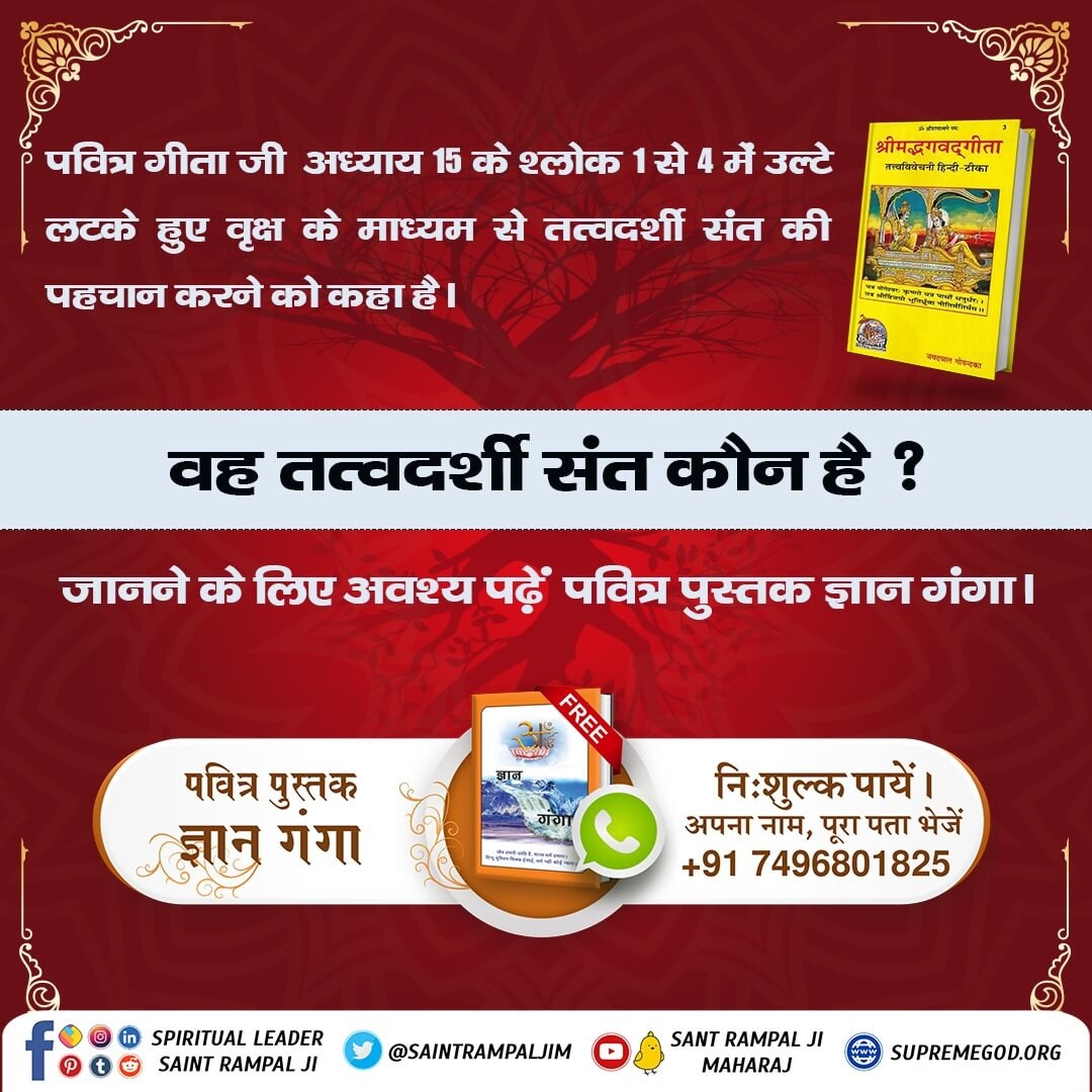 Mukesh198384's tweet photo. #RealKnowledge_Of_Gita
गीता अध्याय 15 के श्लोक 4 में कहा है कि उस तत्वदर्शी संत के मिल जाने के पश्चात् उस परमेश्वर के परम पद की खोज करनी चाहिए अर्थात् उस तत्वदर्शी संत के बताए अनुसार साधना करनी चाहिए जिससे पूर्ण मोक्ष(अनादि मोक्ष) प्राप्त होता है। https://t.co/YMbjnTZzlt
