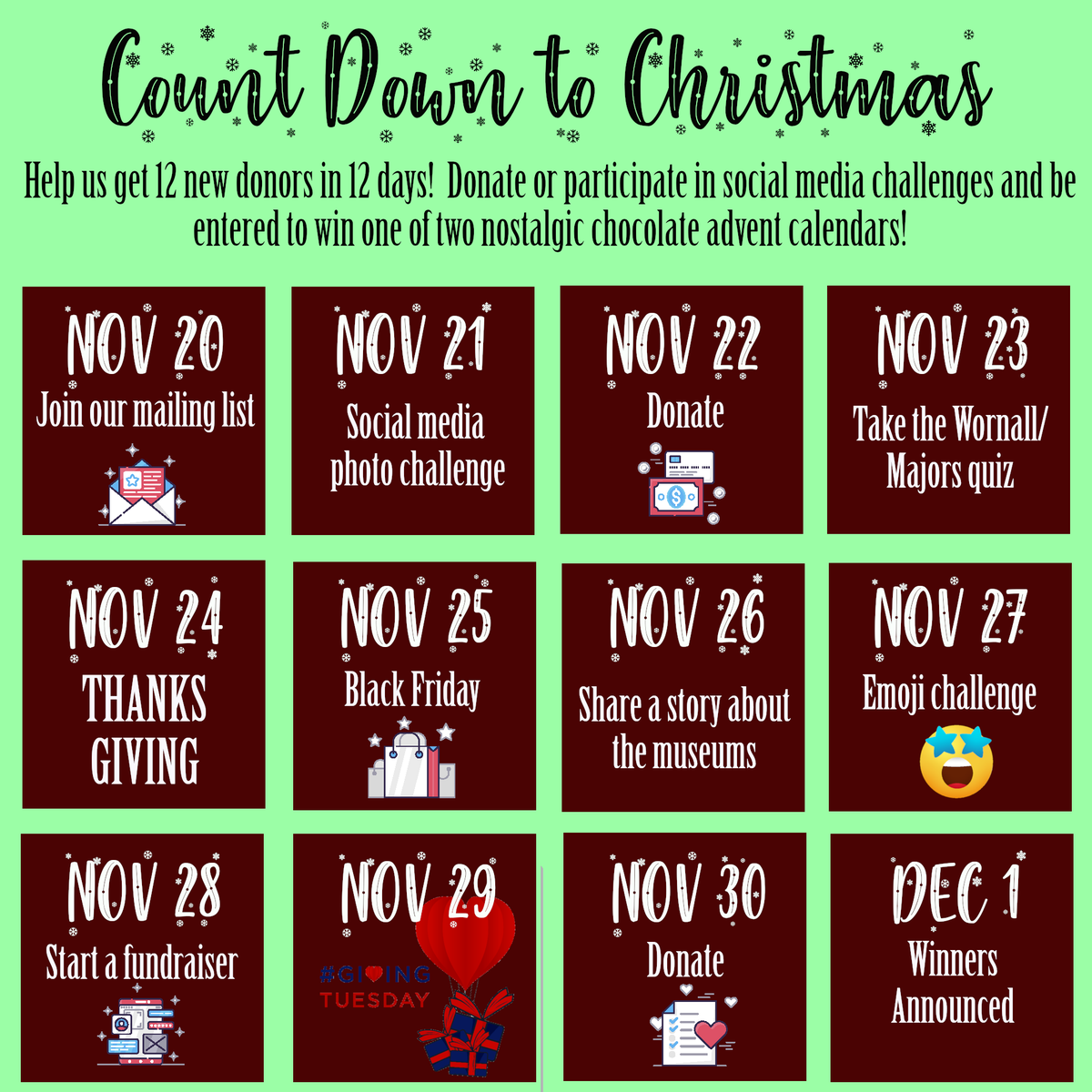 historyaliveKC's tweet photo. #CountdowntoChristmas with us! For the next 12 days, we'll be posting challenges with a goal of gaining 12 new donors in 12 days. Join our mailing list at https://t.co/FTGWSXjDOX for one entry to win an advent calendar! https://t.co/5XBaCuhoIA