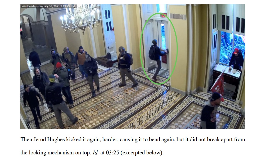 Feds seek 51-months prison in Jan 6 case of Jerod Hughes, arguing "he forcefully kicked open the Senate Wing Door to allow 100s of rioters to stream inside.. roamed the halls &amp; menaced the overpowered police, chasing a lone (officer).. screamed angry threats to the police line"