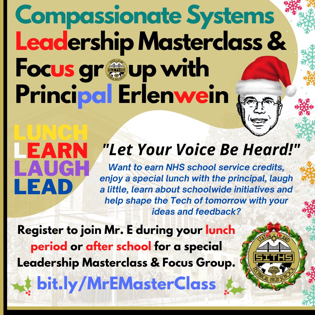 SITech_HS's tweet photo. Students! Make your #NewYearsResolution to use your #Voice & be heard by joining Principal @Erlenwein for a #CompassionateSystems Leadership Masterclass & Focus Group to help make @SITech_HS #EXTRA!#Pizza #ServiceCredit #StudentAgency @CSD31SI Register: https://t.co/cbBmFuPllT https://t.co/4mH1VFTKuR