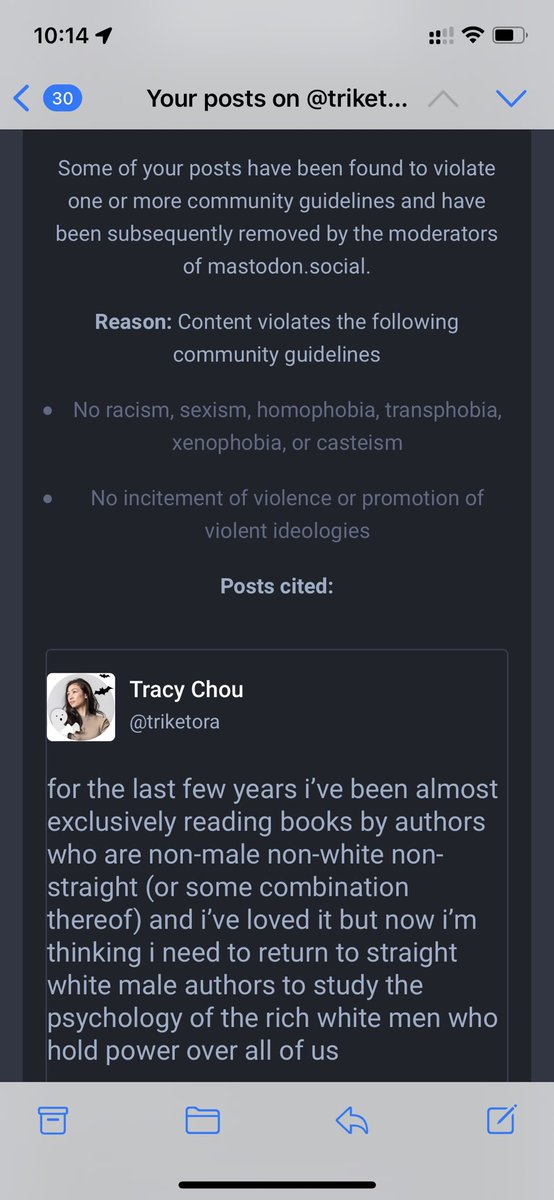 in 13 years on twitter i’ve never had a post removed, and in 3 weeks on mastodon i’ve already had something taken down for racism and sexism, ok