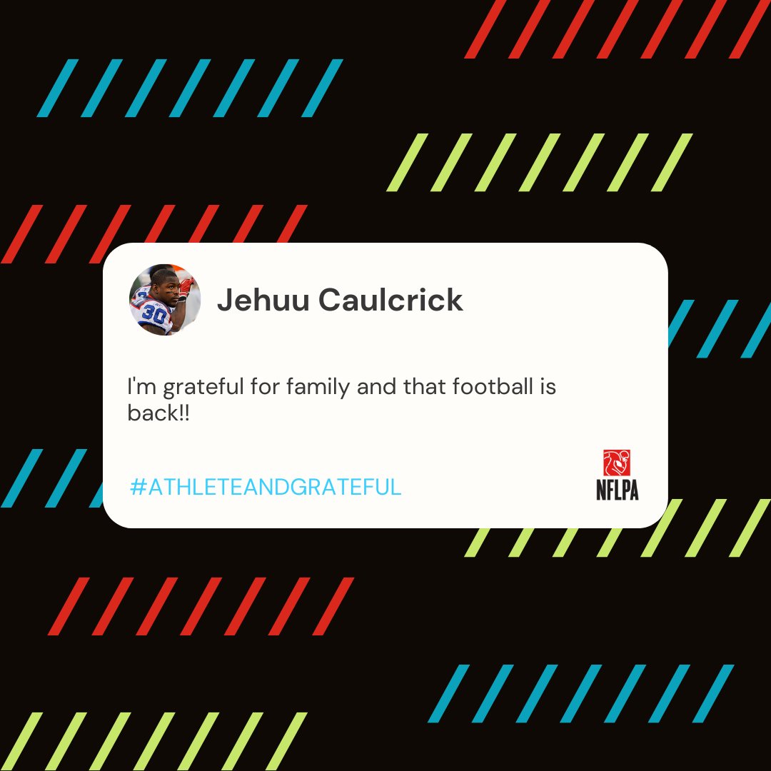 NFLPAFmrPlayers's tweet photo. We asked former players: What is something you are grateful for? 🤔 

Find the full survey on the NFLPA Former Players App for a chance to be featured. #AthleteandGrateful

@ACollinsNFLPA @Double_R64 @jehuucaulcrick https://t.co/qFSFYASDTl