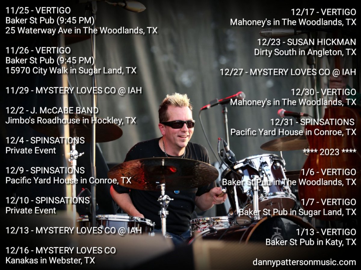 DPattersonMusic's tweet photo. Upcoming dates ...
@SalyersPerc @tnrproducts @SledgePad @WristGrips @castleclutch @CYMPAD_USA @Alesis @LPPercussion @JHAudio @remopercussion #thedrumwallet #motionpro_drumthrones #drummer #giglife #workingdrummer #drummersoftexas #dannypattersonmusic
π· by Bailey Ortiz https://t.co/dVnJRZotI4